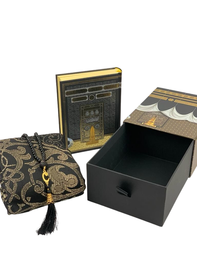 Kaaba Holy Qur’an Gift Set – Quran, 99-Bead Tasbeeh & Prayer Mat (Kaaba Design)