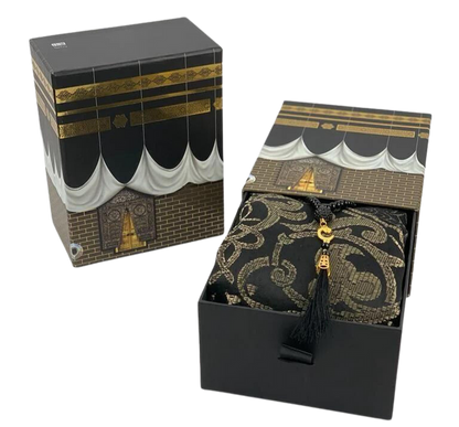 Kaaba Holy Qur’an Gift Set – Quran, 99-Bead Tasbeeh & Prayer Mat (Kaaba Design)