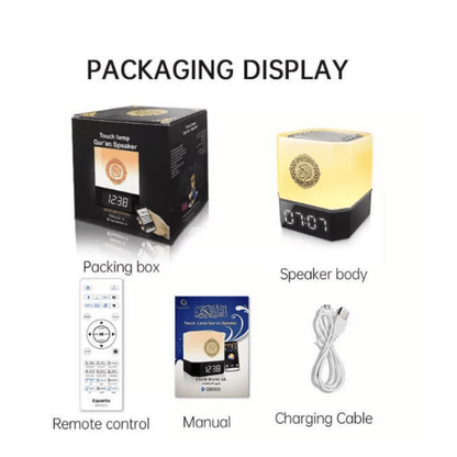 Touch Lamp Azan Clock Quran Cube Speaker QB303 – LED Lamp, Prayer Alarm & Quran Recitation Device
