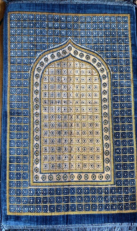 Luxury Cut Work Prayer Mat Blue | Premium Velvet Janamaz with Elegant Turkish Design
